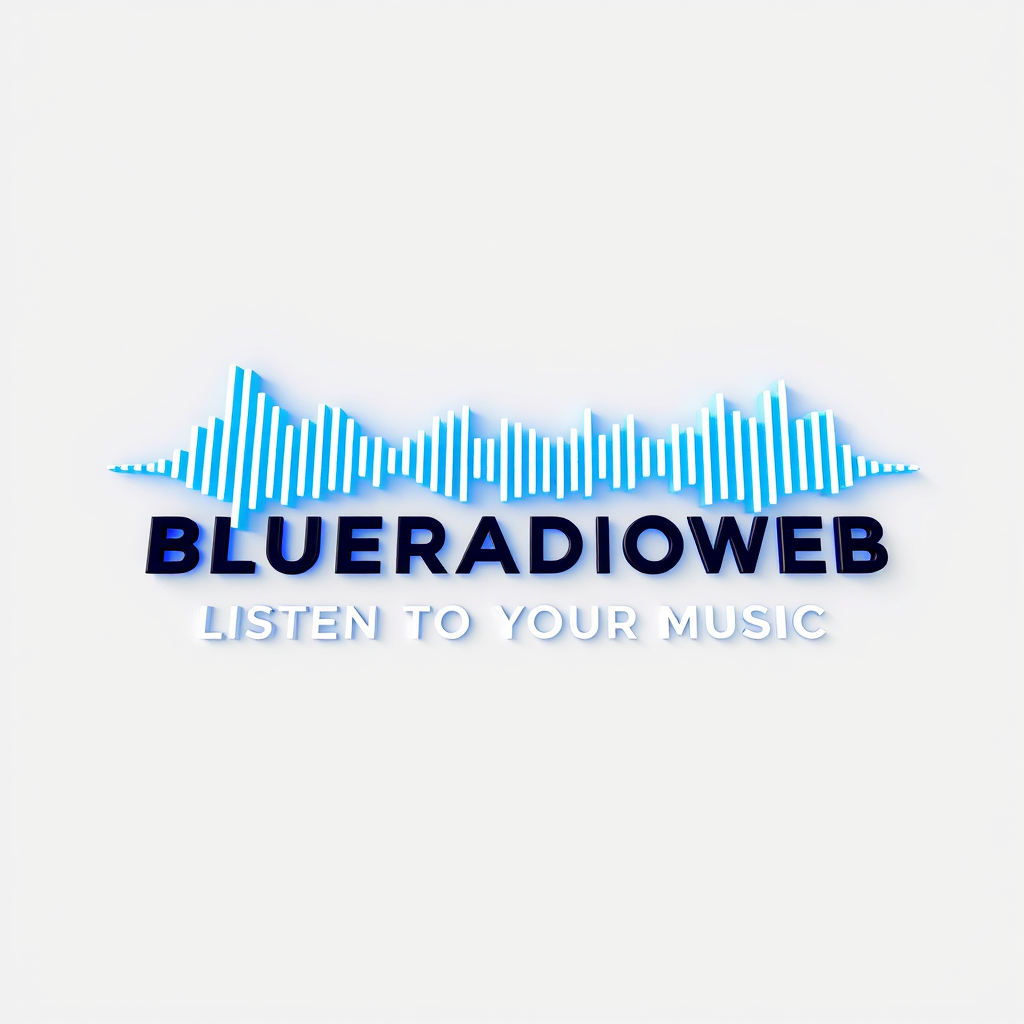 3D Logo idea: 3D logo for BLUERADIOWEB LISTEN TO YOUR MUSIC a music tech brand, 3D sound wave form, neon blue glow , three-dimensional render, realistic depth and s