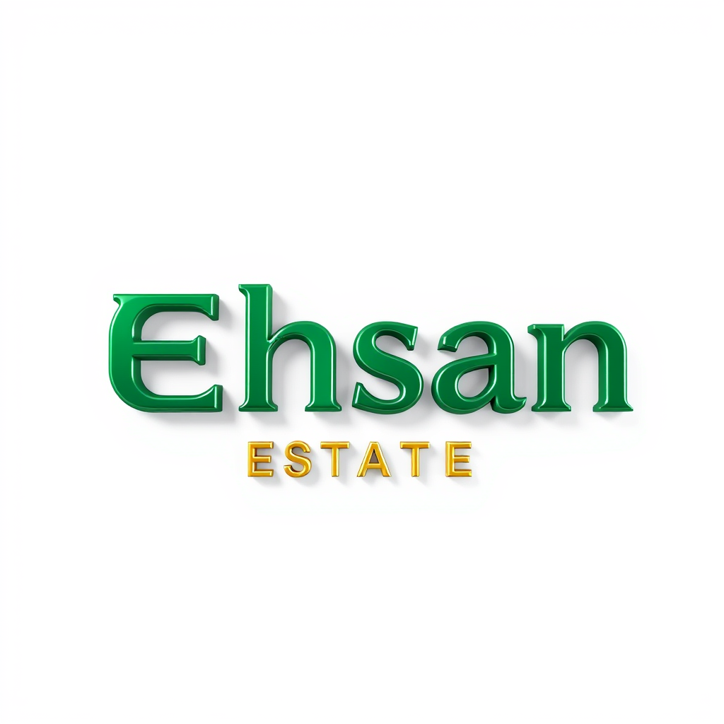 3D Logo idea: 3D logo for campany name is Ehsan Estate, a Property developer createa a logo in emarald green and Ehsan Estate wording in champagne gold , three-dime