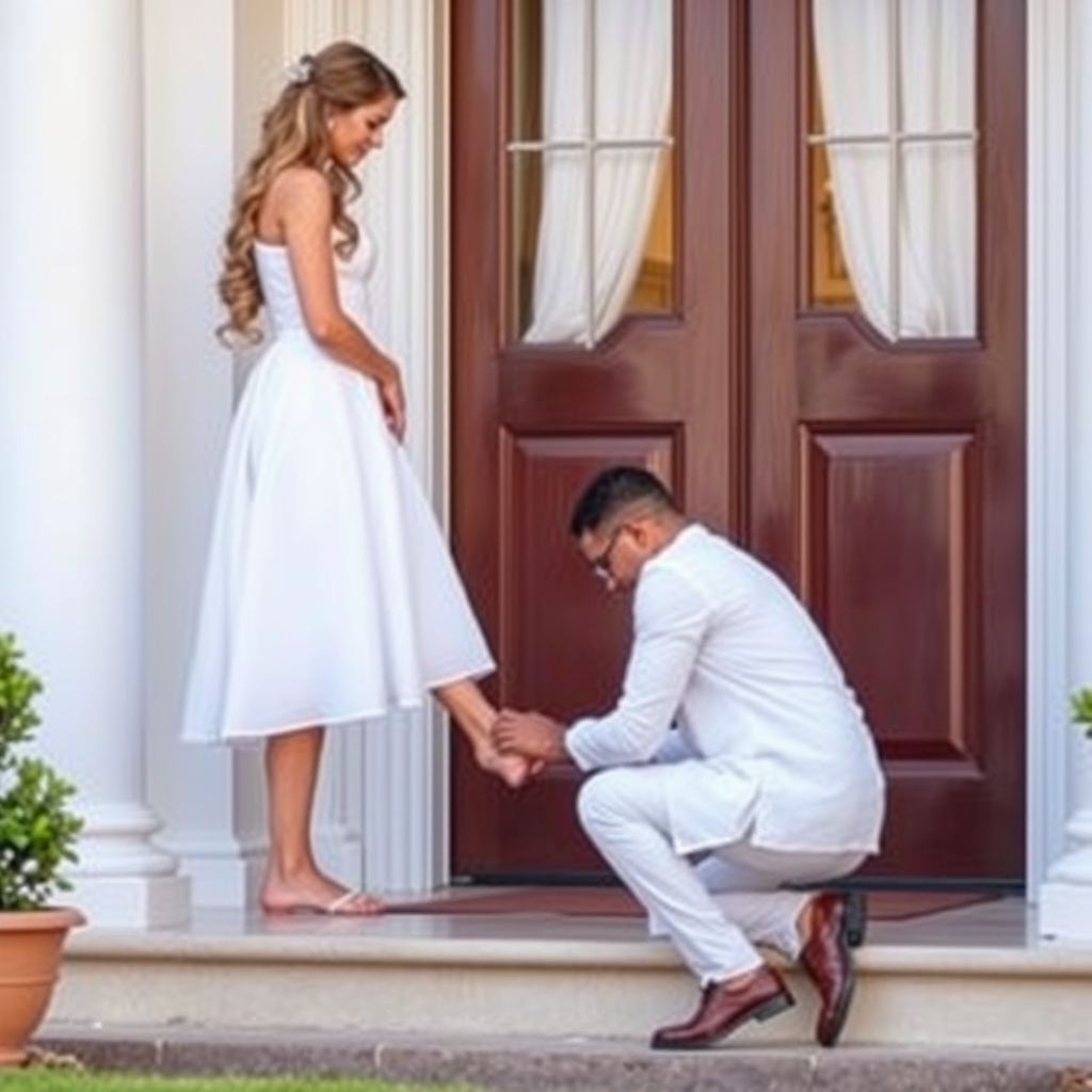 Main logo studio: A woman in a white dress stands on the doorstep as a man kneels to put on her shoe, symbolizing love, devotion, and respect.