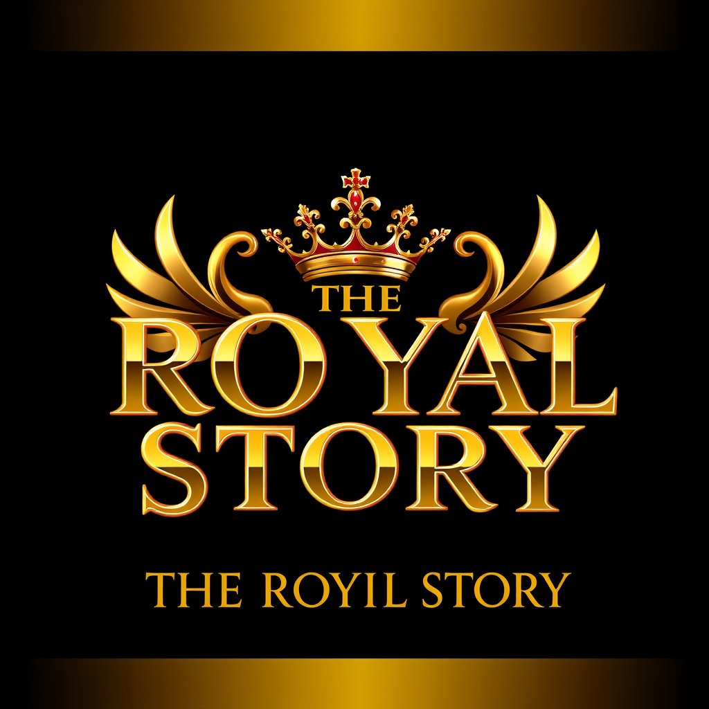 Main logo studio: Create a highly luxurious premium YouTube channel logo for “THE ROYAL STORY”, elegant royal crest with a sophisticated crown, rich metallic gold color