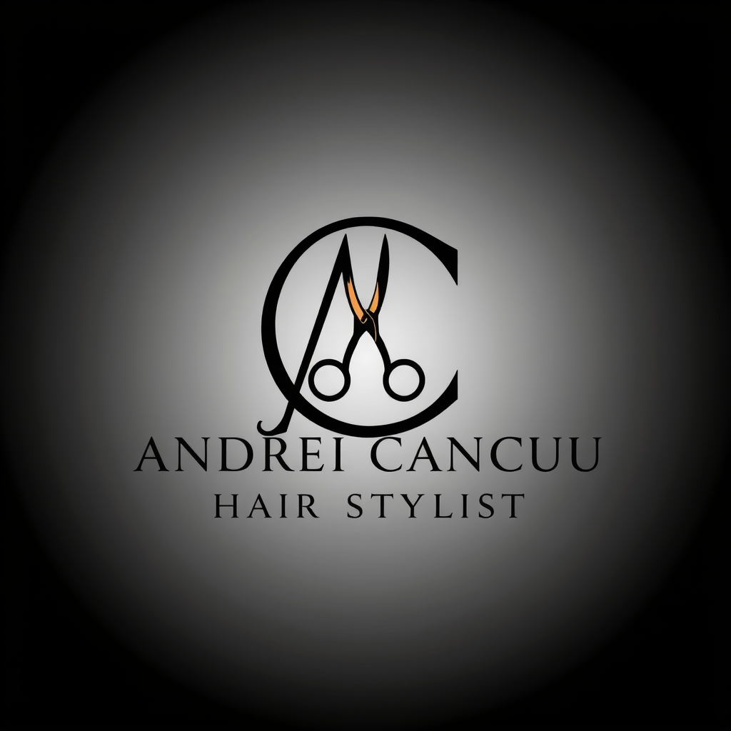 Main logo studio: “ANDREI CANCIU HAIR STYLIST. Elegant minimalist logo for a male professional hair stylist. Use the initials AC combined with a subtle pair of scissors
