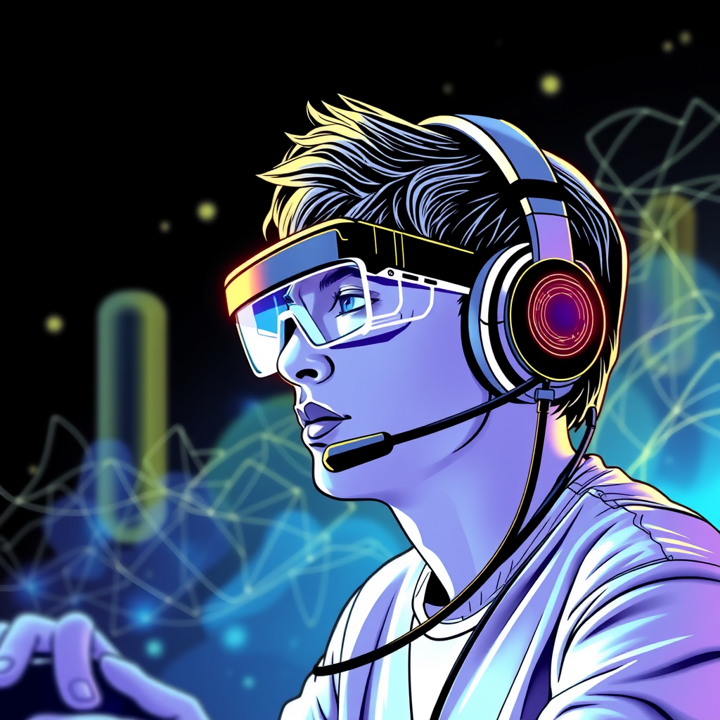 Main logo studio: generate a line art for a gaming player with glasses and headset