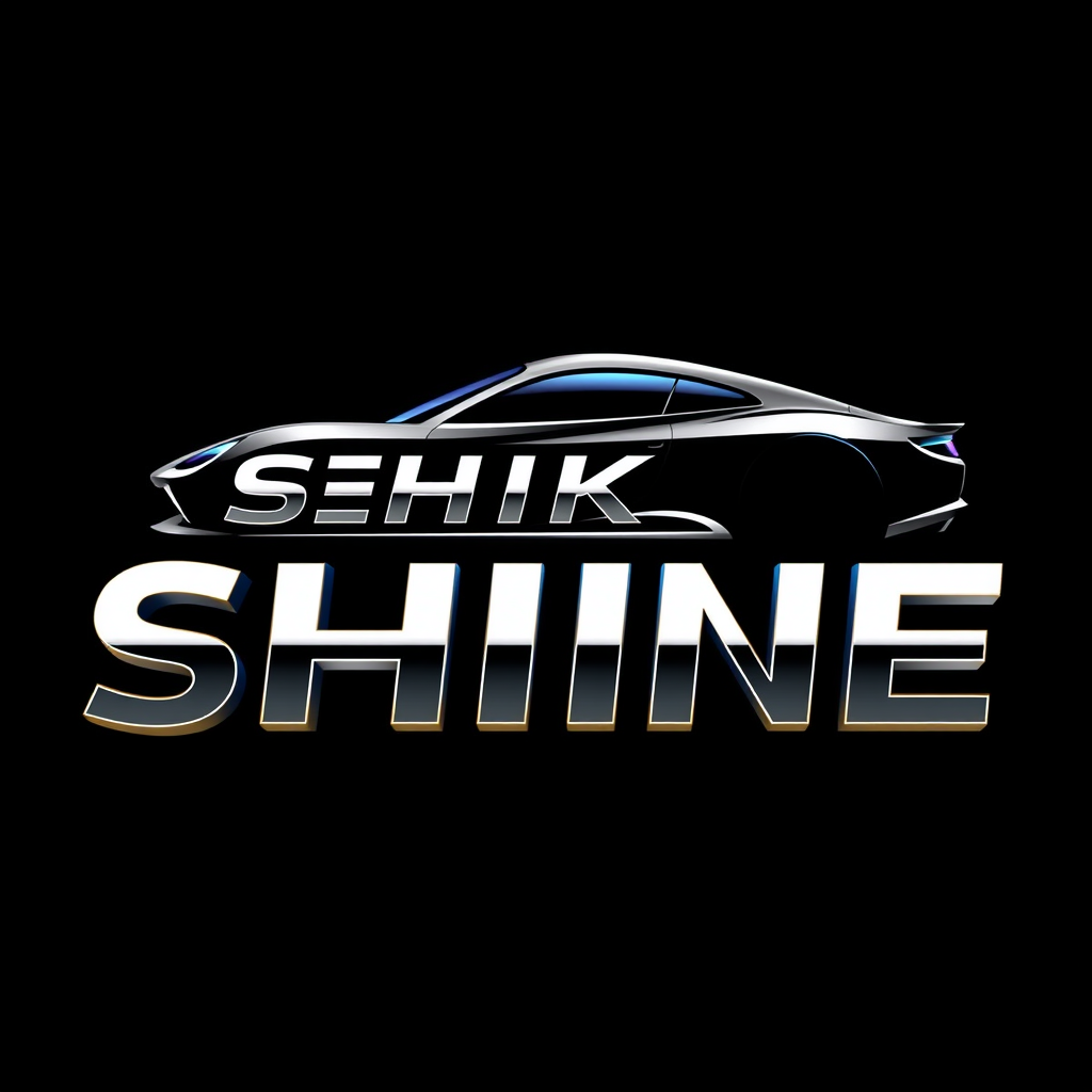 Main logo studio: SHIK SHINE — premium square logo, SHIK letters themselves form a sleek car shape, SHINE letters themselves form a professional orbital polisher shape,