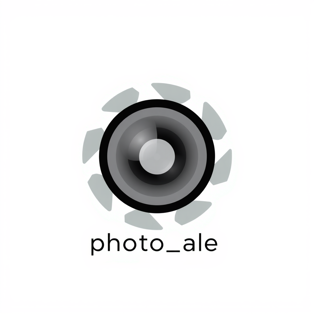 Minimalist Logo idea: minimalist logo, simple geometric mark for Logo for "photo_ale.jpg". Futuristic camera lens with sharp geometric rings and a modern aperture. White on