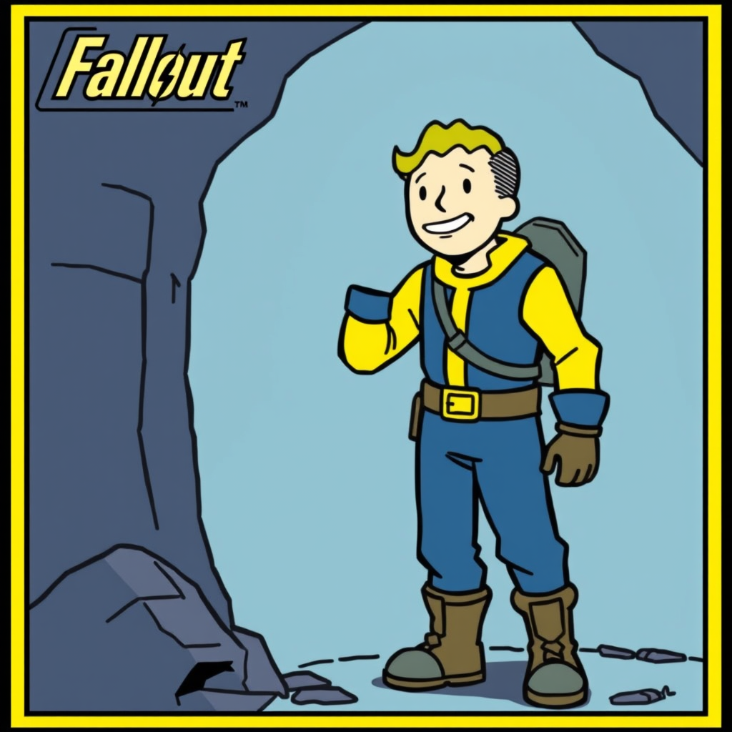 Main logo studio: Vault boy from fallout, with the clothing of the relentless from valor mortis
