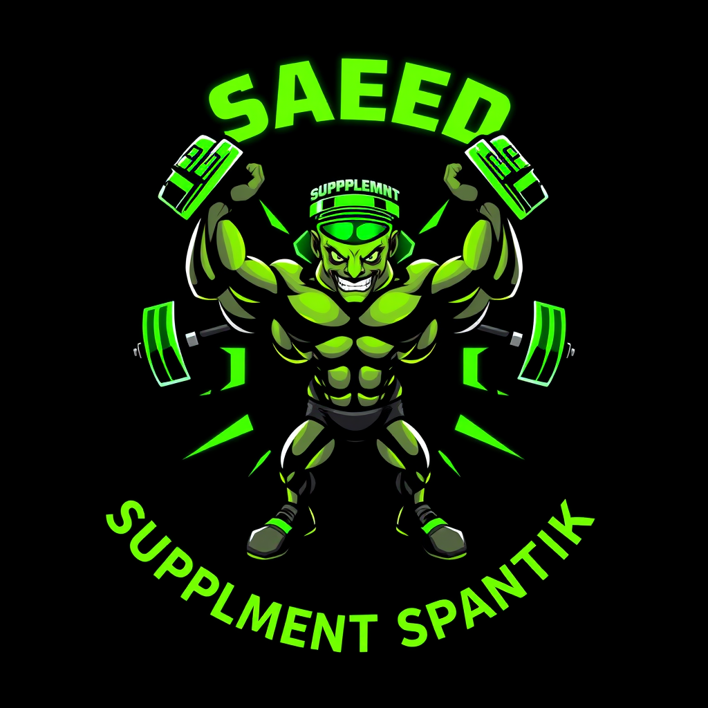 Main logo studio: Fierce bodybuilding supplement logo. A strong supplement jar mascot in the center, with muscular arms and legs, lifting two heavy dumbbells, one in ea