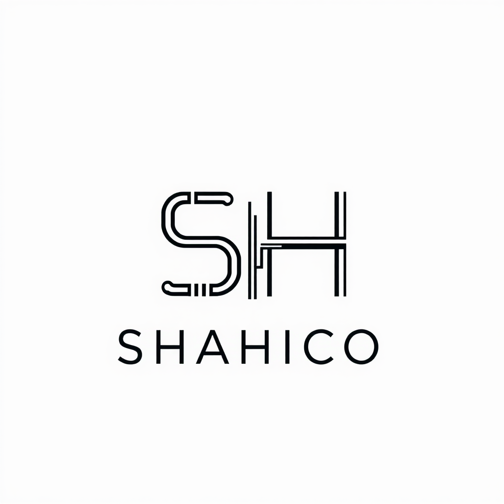 Main logo studio: Create a minimalist logo for "SHAHICO", an industrial electrical company. Merge the letters "SH" with precise circuit-board traces and connection poin