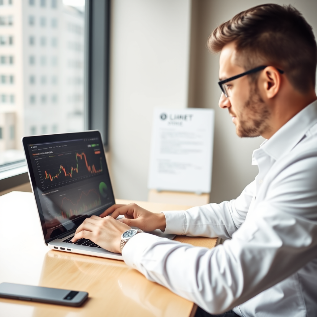 Main logo studio: Professional businessman working on laptop in modern office, financial charts on screen, natural window light, realistic commercial stock photography,