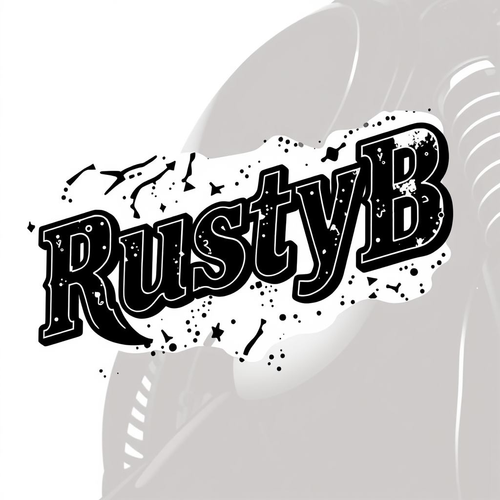 Main logo studio: "RustyB" on black and White, with a black metal font, motorbike style font