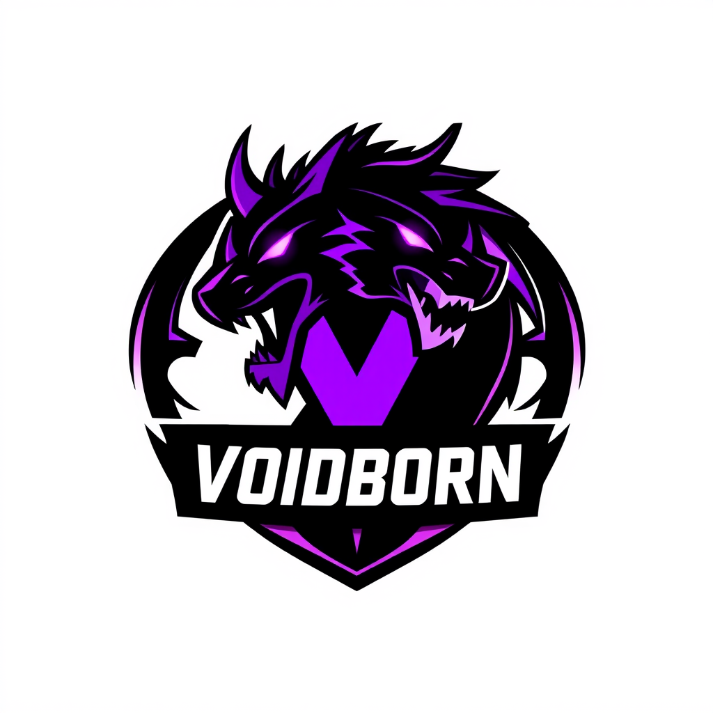 Main logo studio: Hight contrast, hight quality, clean and simple bold esports team emblem logo, a roaring dragon head, black and glowing neon purple with the words "VO