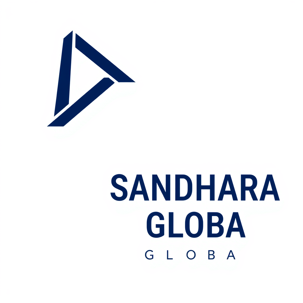 Main logo studio: A premium corporate logo for SANDHARA GLOBAL. Left: an angular bridge mark — two bold geometric lines meet at a sharp peak and continue right as one t