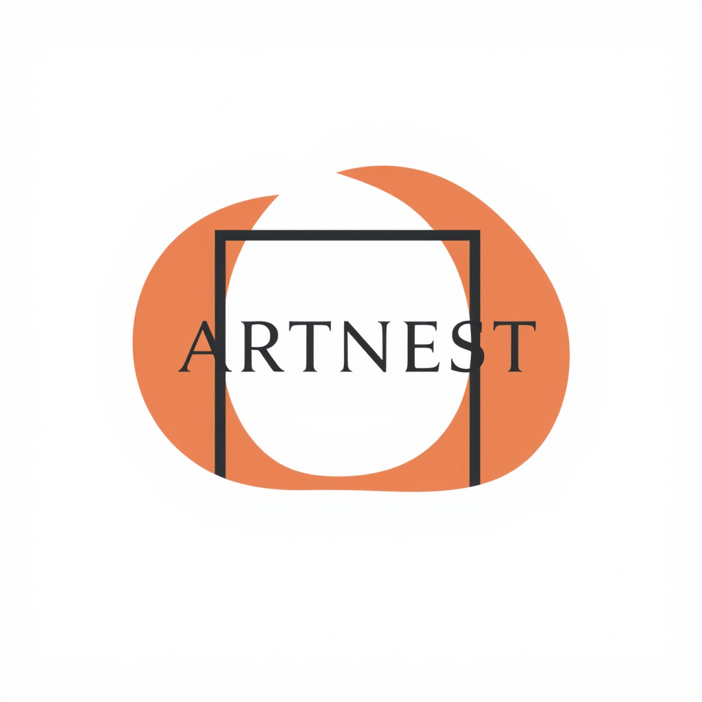 Main logo studio: Create a high-end modern logo for the brand “ARTNEST”. Design a simple abstract emblem made from two elegant overlapping shapes, creating the subtle i