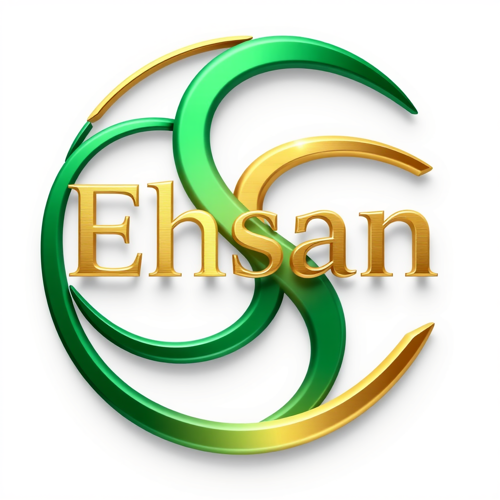 3D Logo idea: 3D logo for Ehsan Estate, Property developer, logo color emarald green combine with champagne gold wording, use 2 E to form a logo , three-dimensional