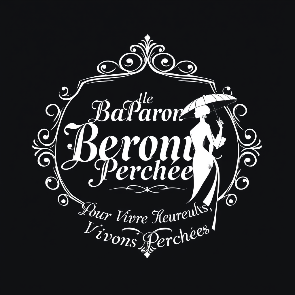 Main logo studio: Crée un logo élégant. Doré et blanc . Au centre : un cadre doré rococo La Baronne Perchée en écriture manuscrite calligraphiée, lisible. Sous le cadre
