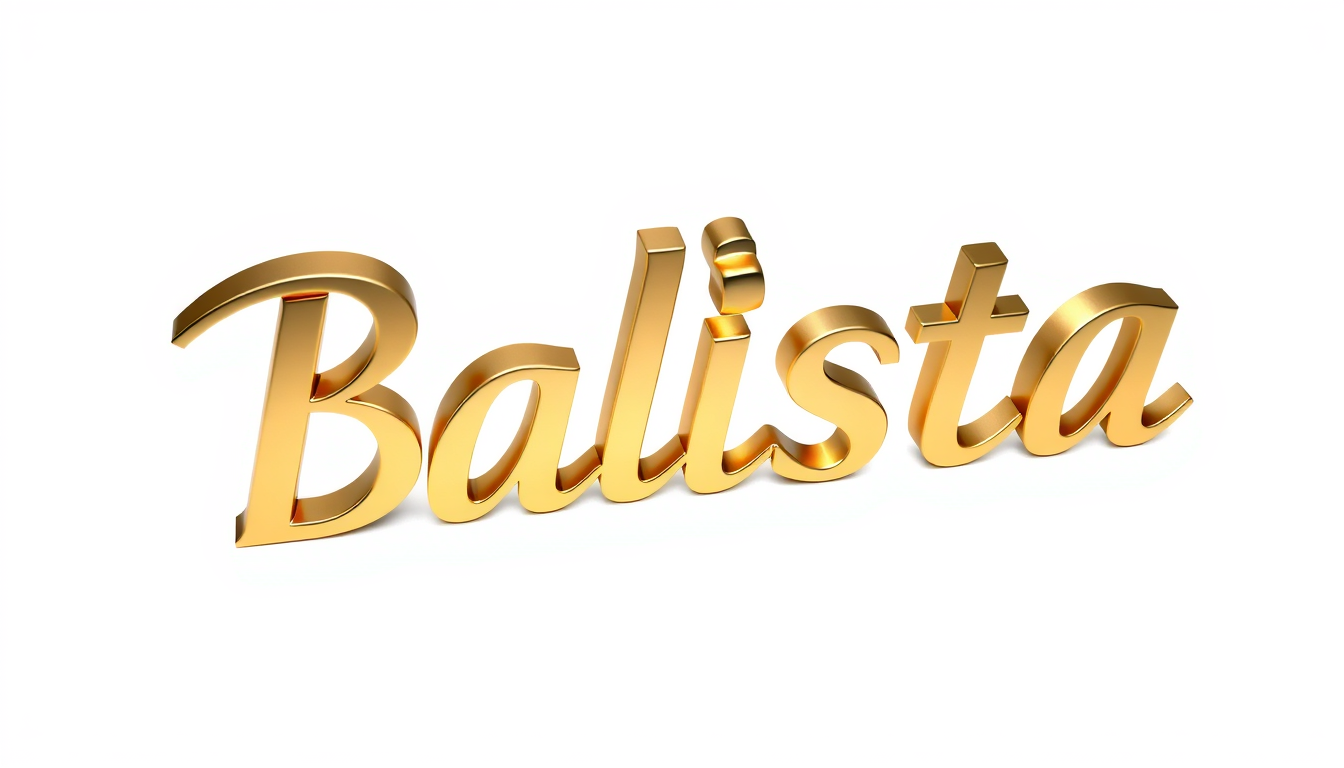 3D Logo idea: 3D logo for The exact word “Balista” 3D polished gold metal. Spell Balista correctly. No extra text. , three-dimensional render, realistic depth and s