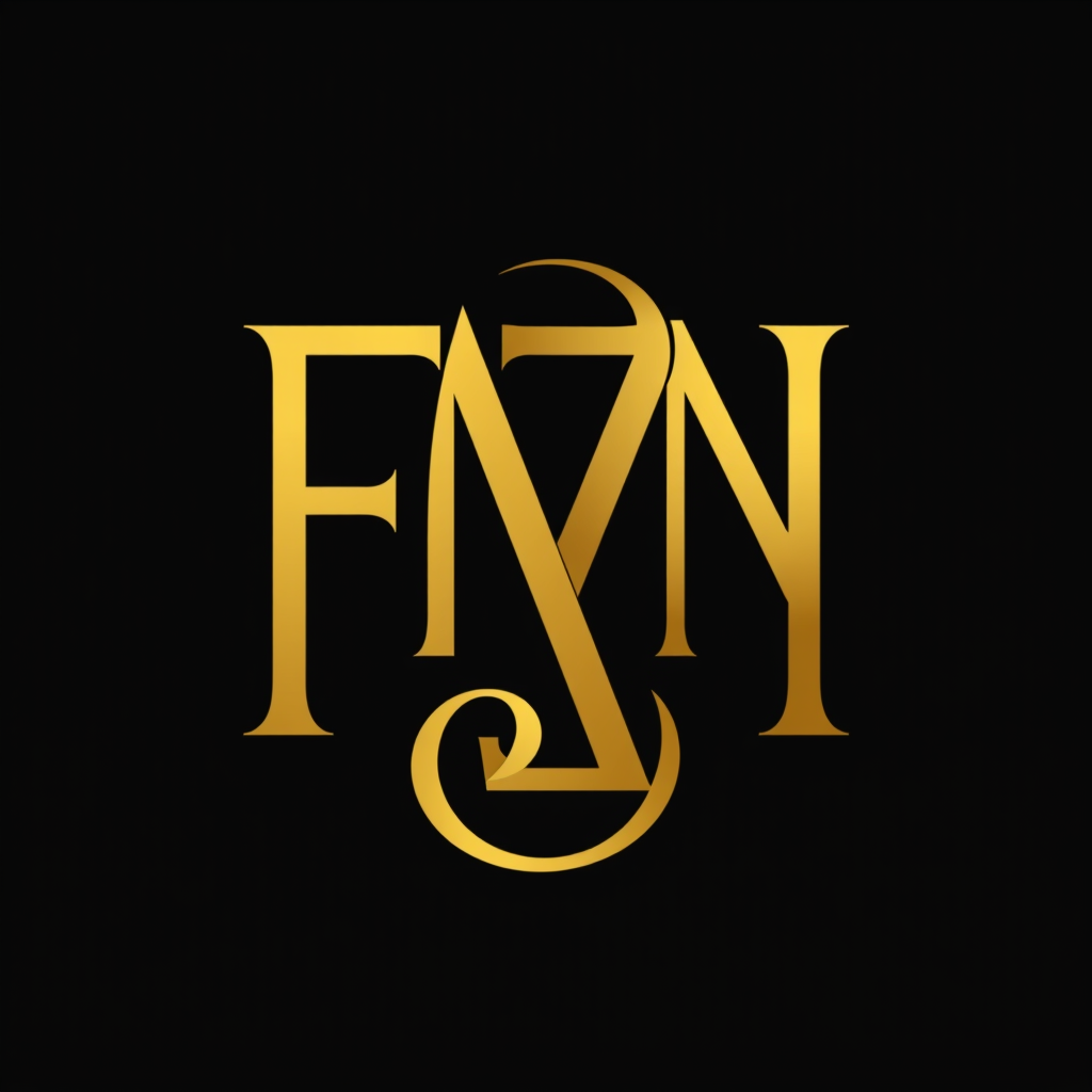 Main logo studio: ELEGANT SIGNATURE monogram logo combining letters FAZN gold, luxury brand “Create a logo for my brand named FAZN . background COLOR SHOULD BE BLACK. L