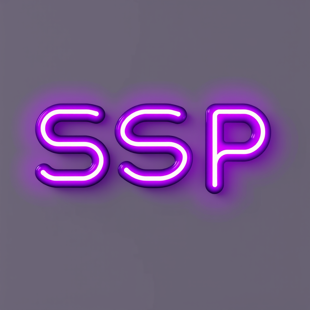 Main logo studio: Faire le logo avec les lettres SP simple en mode neon violet, et mettre le S et le P attaché au S