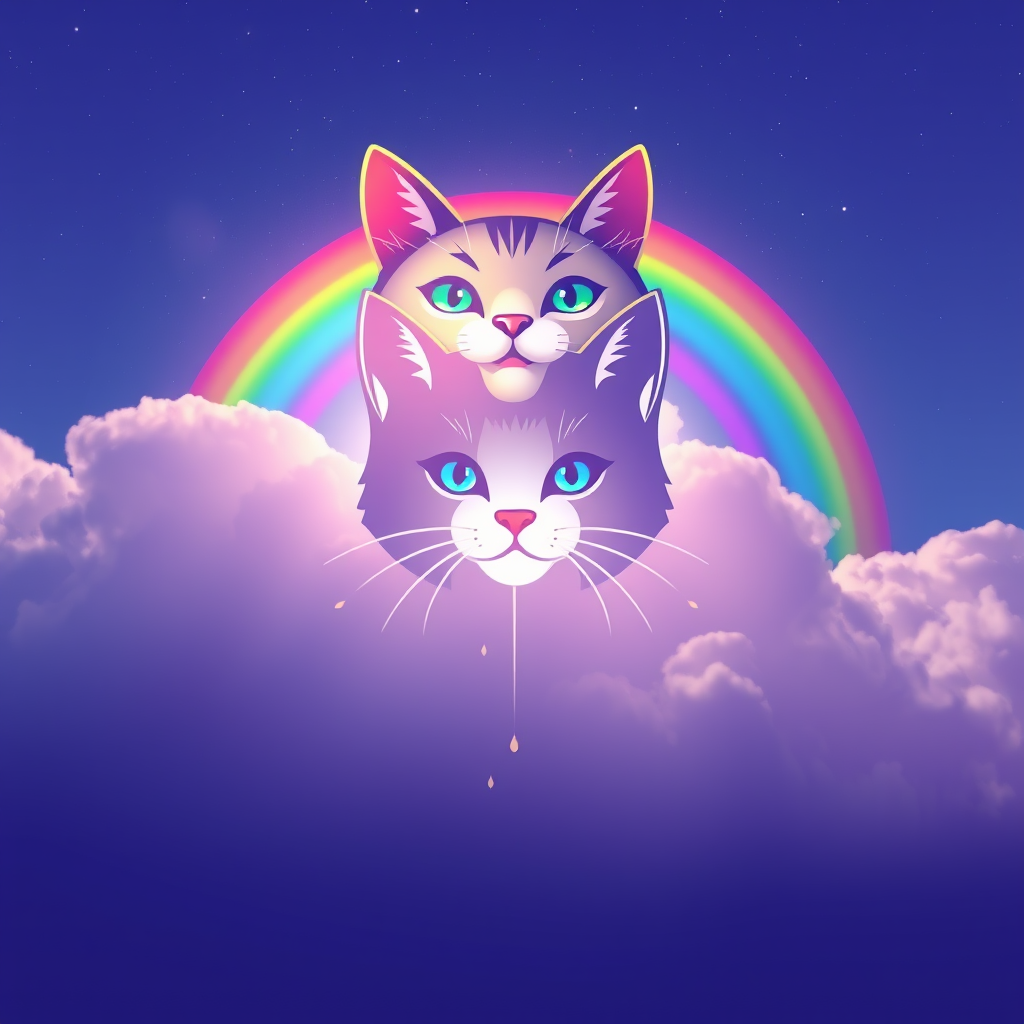 Main logo studio: Create a beautiful rainbow version of an aesthetic cat logo that is very nice coming down from the sky
