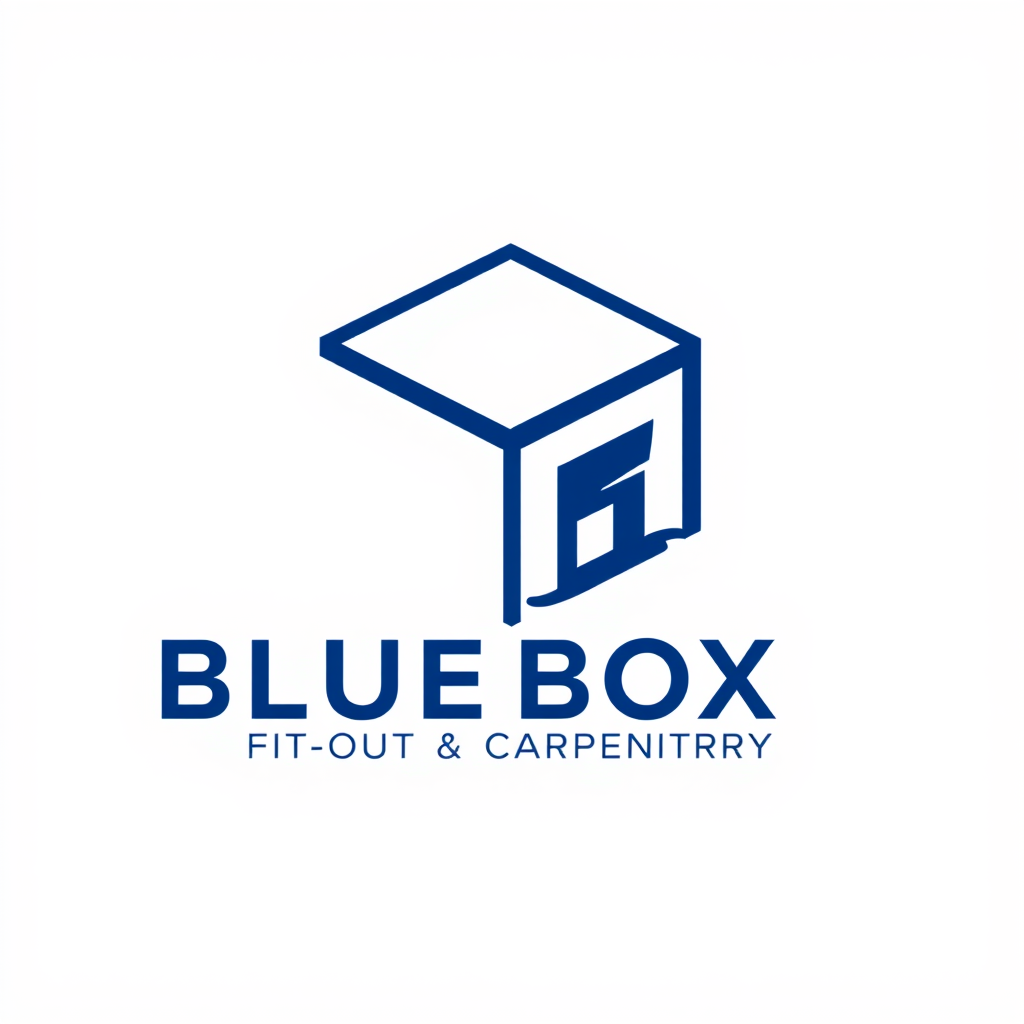 Main logo studio: Professional corporate logo for "BLUE BOX FIT-OUT & CARPENTRY LLC", MAke it BB logo in box designedmodern architectural construction company in Dubai,