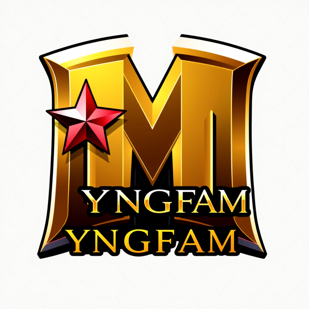 Main logo studio: Original FiveM-inspired luxury logo. A bold metallic gold letter M with thick beveled edges and polished chrome reflections. Small glossy crimson red 