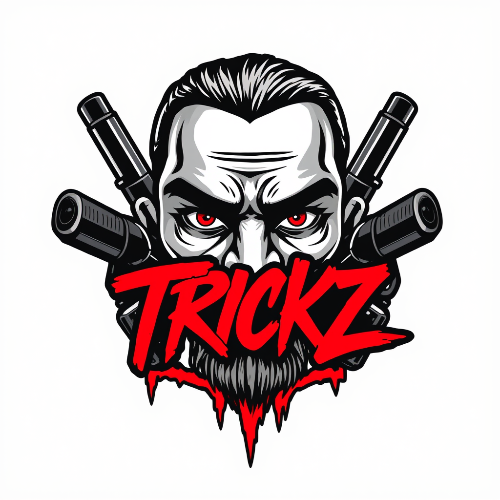 Main logo studio: “TRICKZ,Streetwear group logo, Pablo Escobar or cartel mobster, piercing eyes, toy guns and subtle elements of death or tryhard, crimson, aggressive g