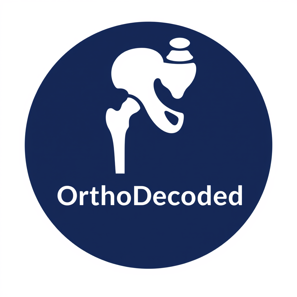 Main logo studio: Professional minimalist logo for “OrthoDecoded”, an orthopaedic surgery education page. Stylized hip joint/femur and subtle medical anatomy, navy blue
