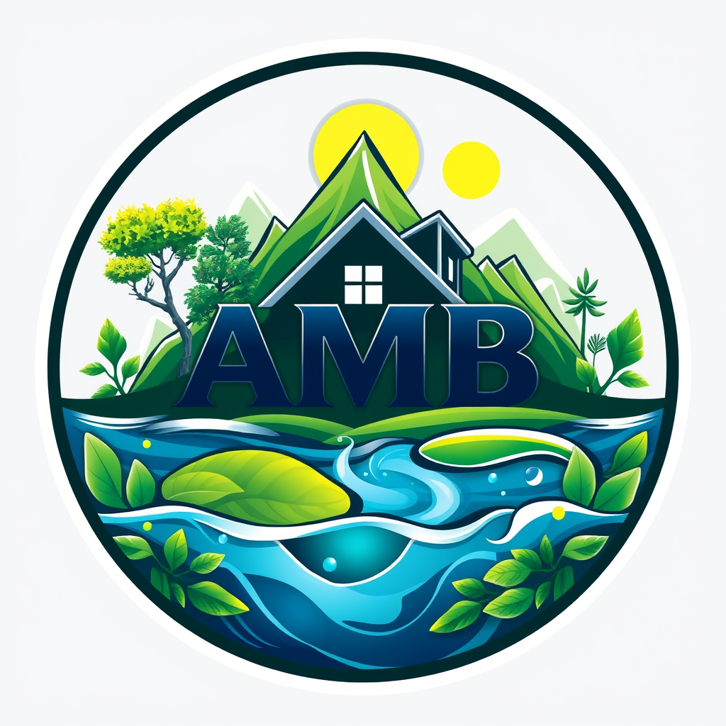 Main logo studio: Create a premium circular PNG logo with transparent background for real estate, property, land and investment. Include "AMB" and number "10". Use only