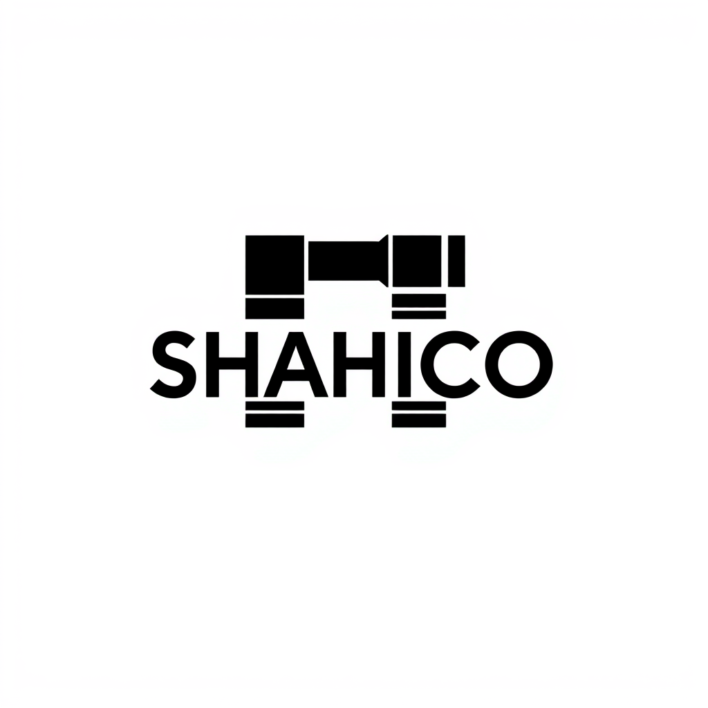 Main logo studio: Create a distinctive minimalist logo for "SHAHICO", an industrial electrical company. Integrate the word SHAHICO creatively with industrial pipes, pip