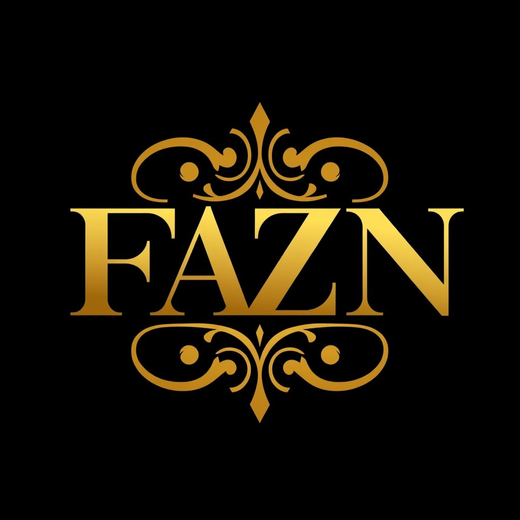 Main logo studio: elegant signature monogram logo combining letters FAZN gold, luxury brand “Create a logo for my brand named FAZN . background COLOR SHOULD BE BLACK. L