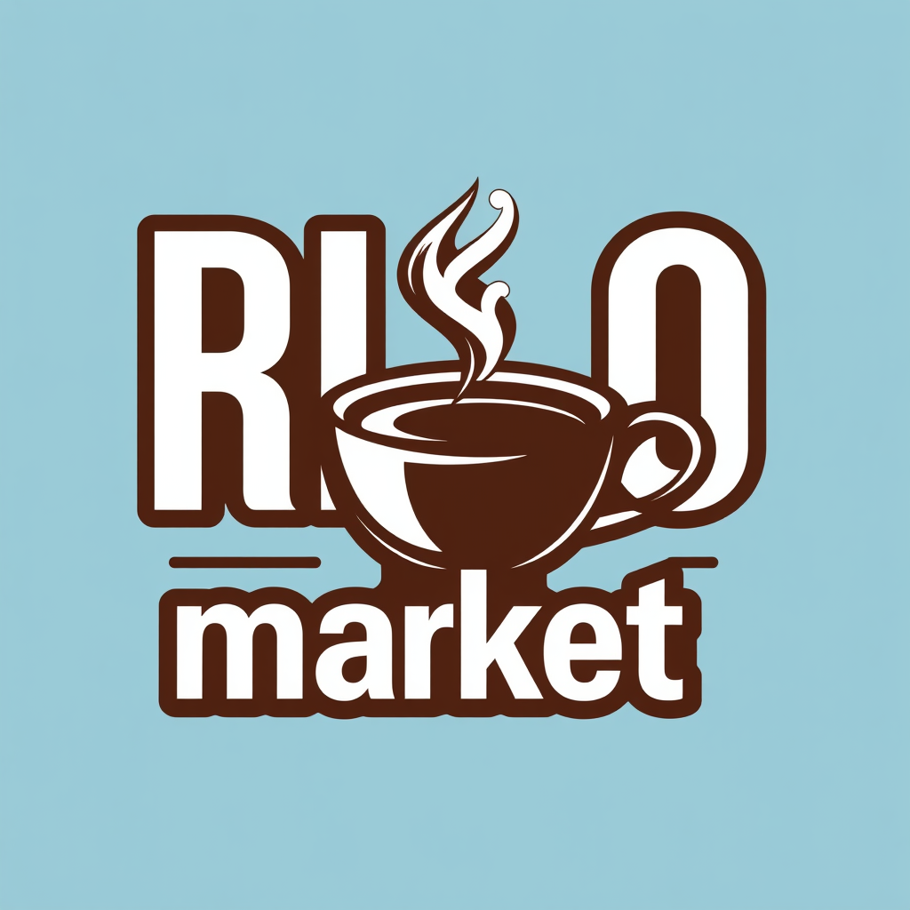 Main logo studio: Make a logo for "RIO" market. include both "rio" and "market". and include a cup of coffee with steam. Must use lightblue background. everything else