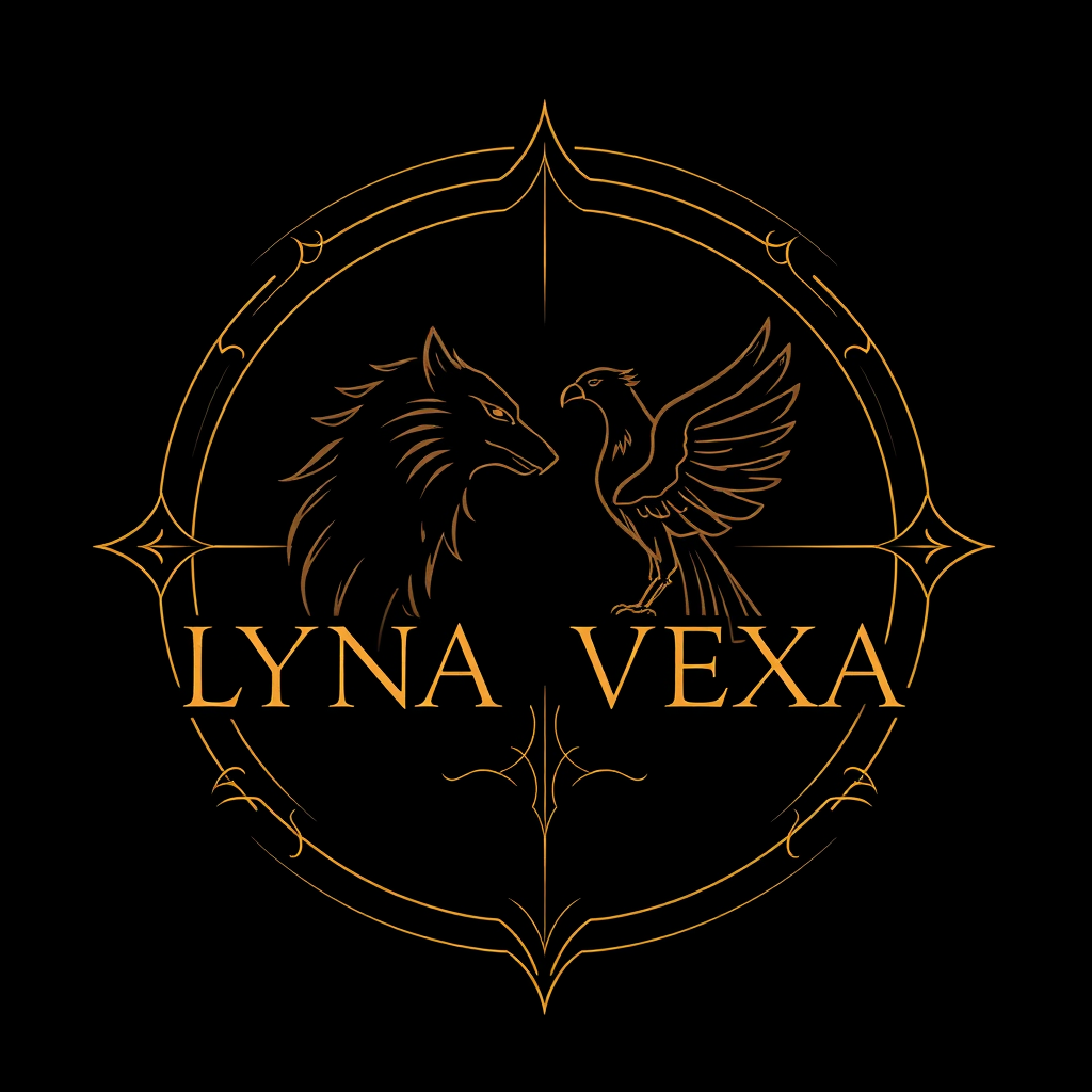 Main logo studio: Black mystical logo, LYNA VEXA in thin elegant letters, with a wolf and condor in the center, facing each other. Fine gold/silver lines, symmetrical, 