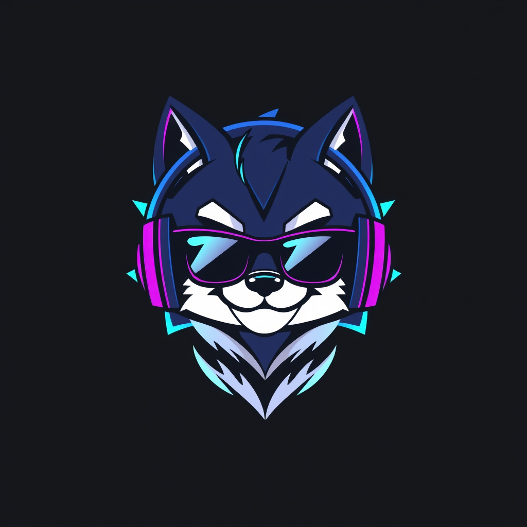 Main logo studio: Create a bold, polished Twitch streamer logo featuring a cool furry-style character wearing stylish glasses and over-ear gaming headphones, confident