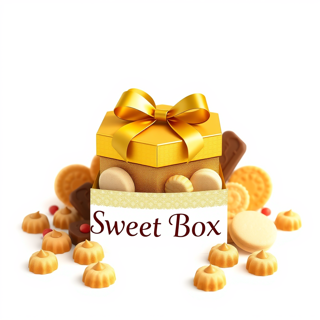 Main logo studio: Create a luxury logo for a sweets gift box brand named “Golden Sweet Box”. The exact brand name “Golden Sweet Box” must be clearly written in the logo
