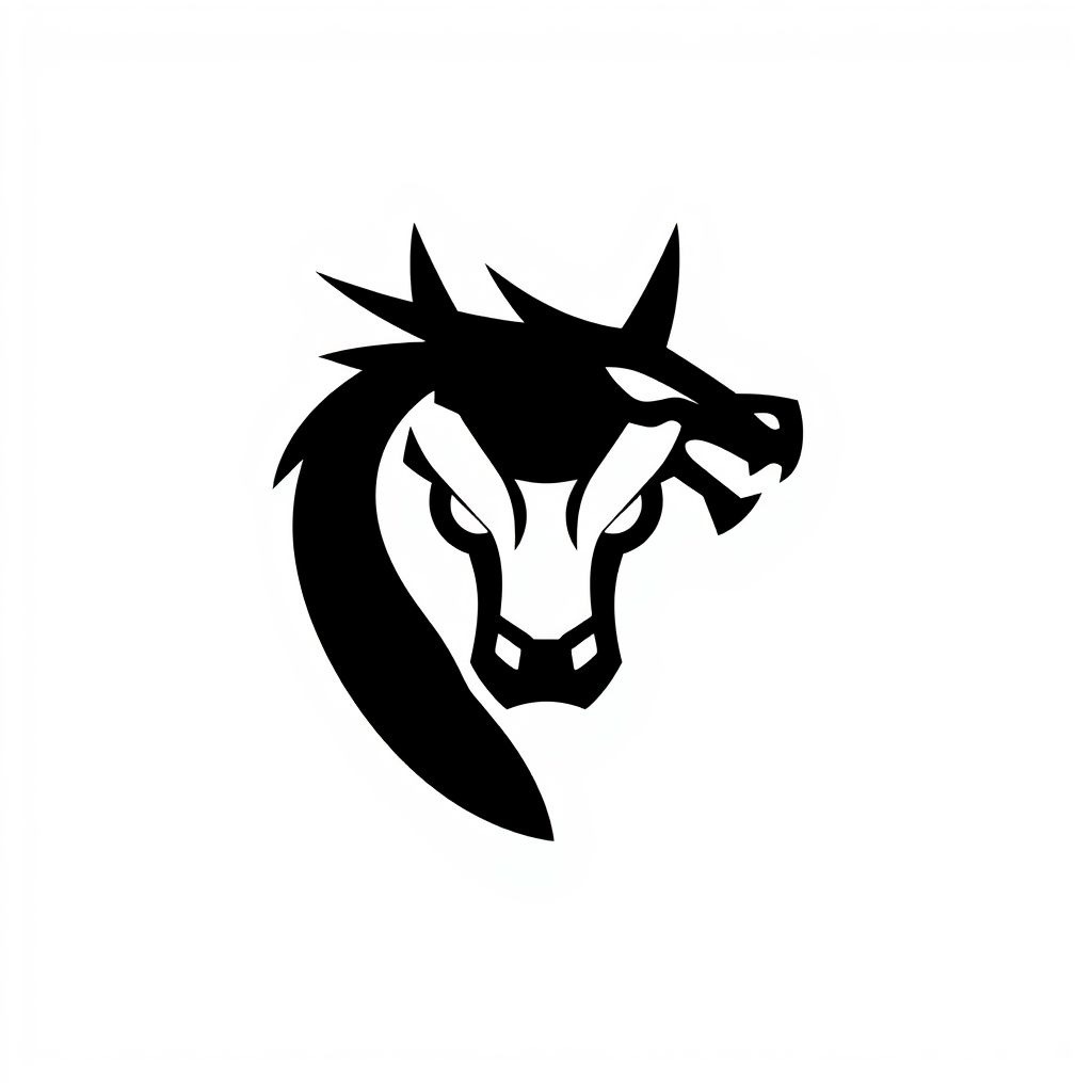 Minimalist Logo idea: minimalist logo, simple geometric mark for dragon head black over white, white eyes , flat vector, clean lines, centered, solid white background, lots