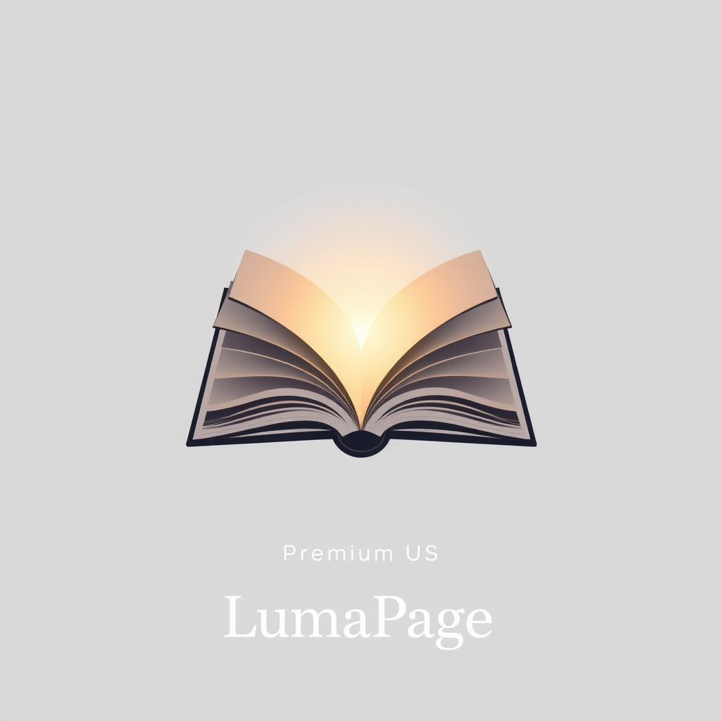 Main logo studio: Luxury minimalist reading light logo. Open book with a soft glow from the center. Elegant LumaPage wordmark underneath. Premium US brand, clean, moder