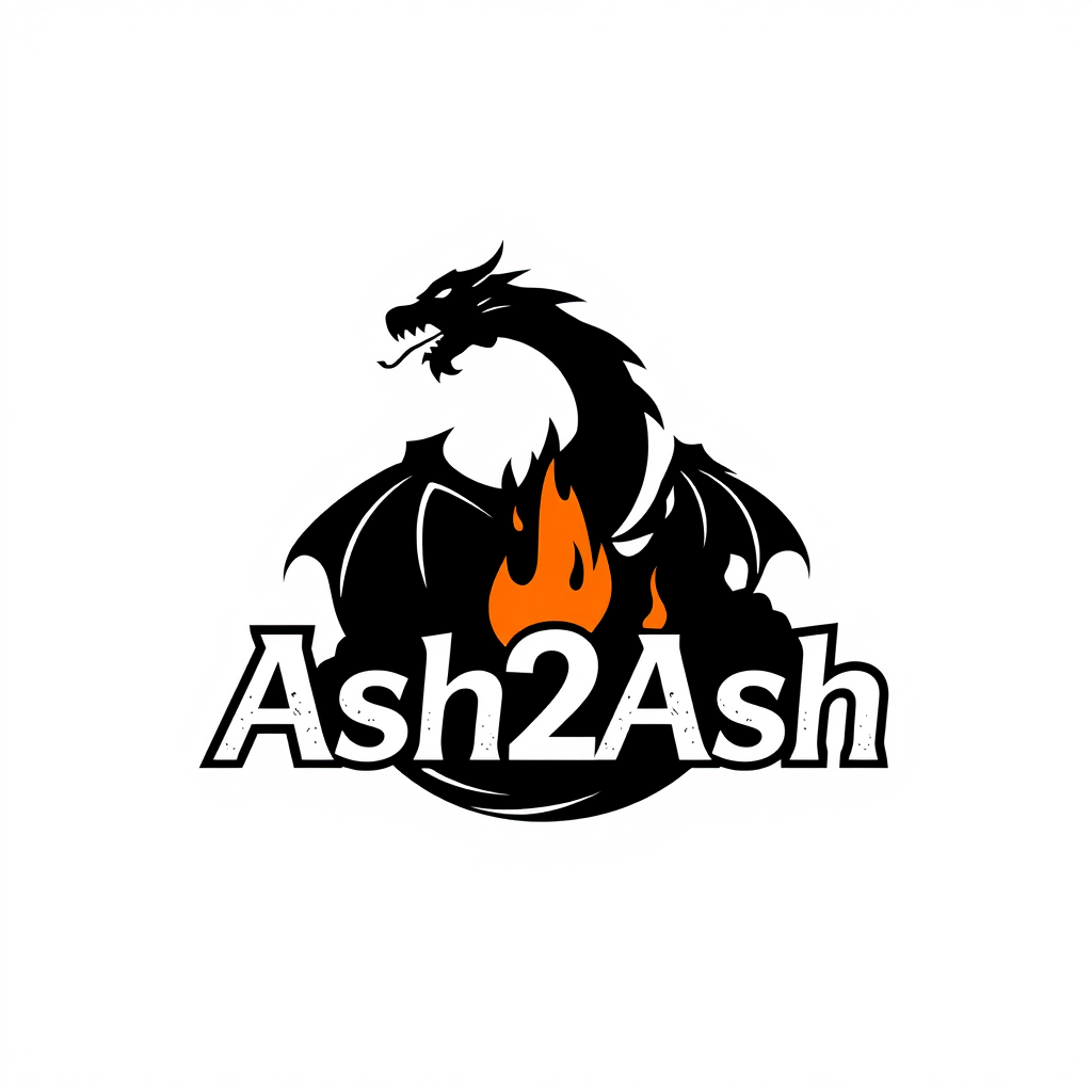 Wordmark Logo idea: wordmark logo of Dragon rise up in ashes Text Ash2Ash , bold clean typography, flat vector logo, centered, solid white background, high contrast, prof