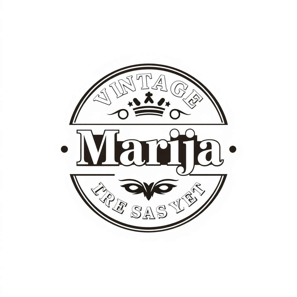 Badge Logo idea: badge logo for Vintage, royalty monogram from name Marija , bold badge design, text enclosed in a rounded rectangular or circular badge shape, thick b