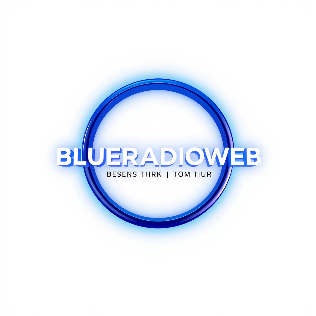 3D Logo idea: 3D logo for BLUERADIOWEB - LISTEN TO YOUR MUSIC - a music tech brand, 3D sound wave form, neon blue glow , three-dimensional render, realistic depth a