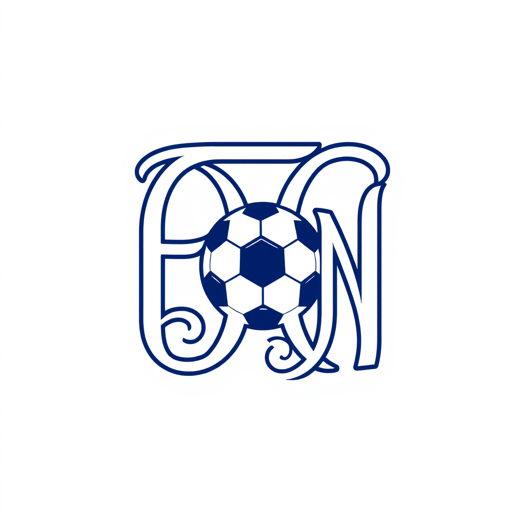 Monogram Logo idea: monogram logo combining the letters Fotball news med mørkeblå bakgrunn og hvit skrift, med en fotball, , elegant intertwined letterforms, flat vector 