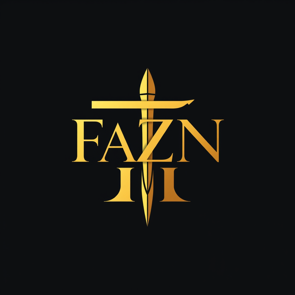 Main logo studio: ELEGANT SIGNATURE monogram logo combining letters FAZN gold, luxury brand “Create a logo for my brand named FAZN . background COLOR SHOULD BE BLACK. L