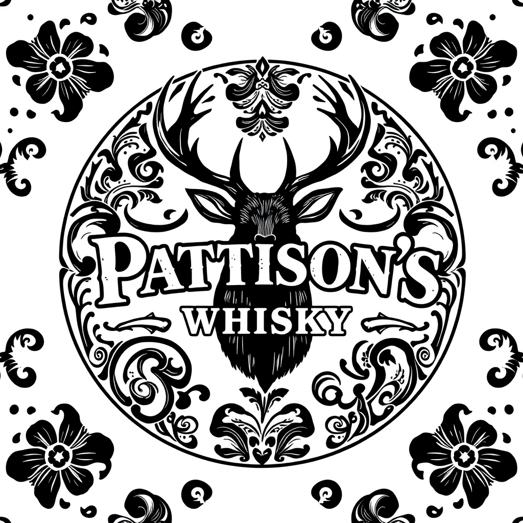 Vintage Logo idea: vintage retro logo for Pattison's whisky, paisley pattern black and white, classic traditional and authentic malt whisky, very Scottish design like pa