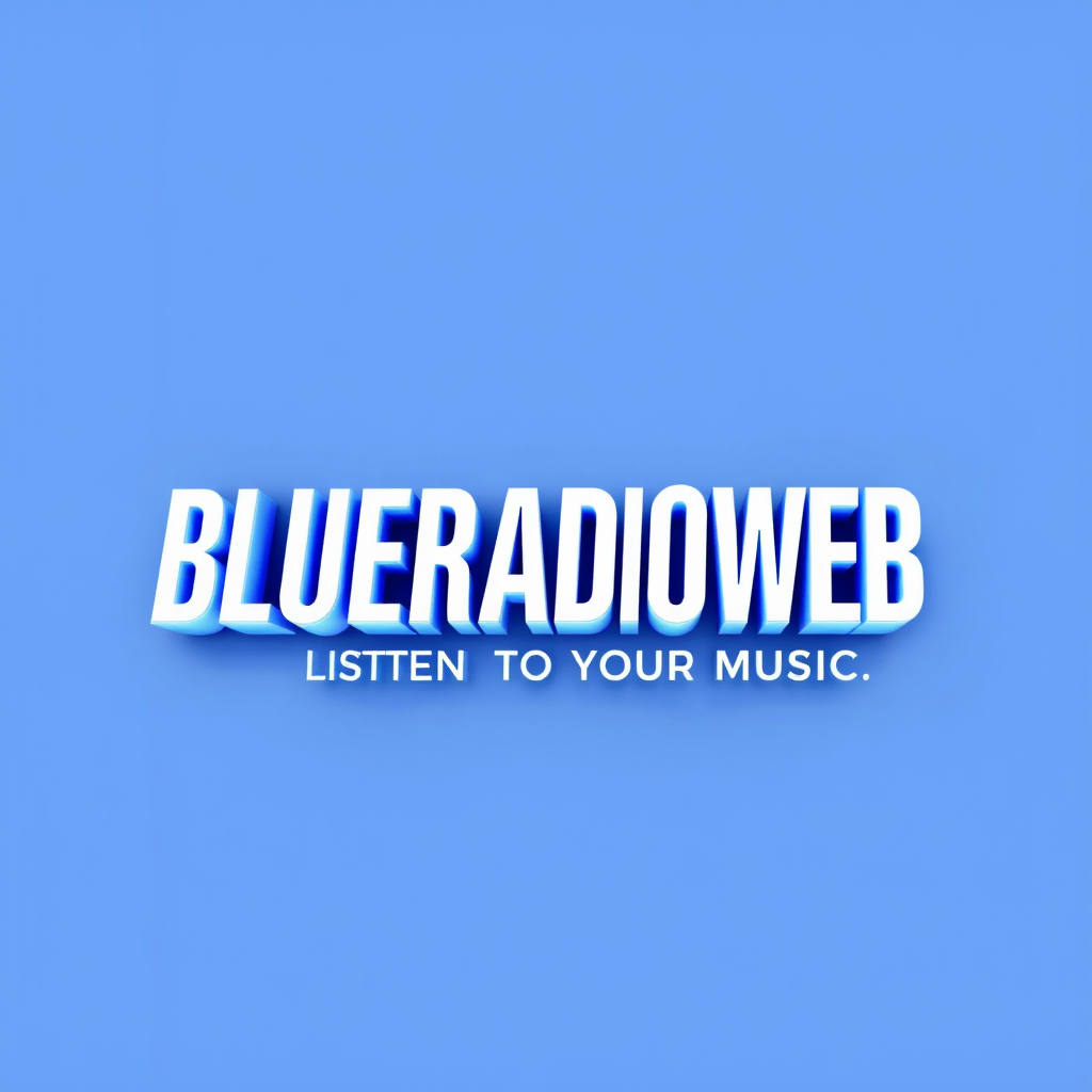 3D Logo idea: 3D logo for 1 logo en 3D en fond bleu au nom de BLUERADIOWEB en blanc ainsi que le slogan LISTEN TO YOUR MUSIC , three-dimensional render, realistic d