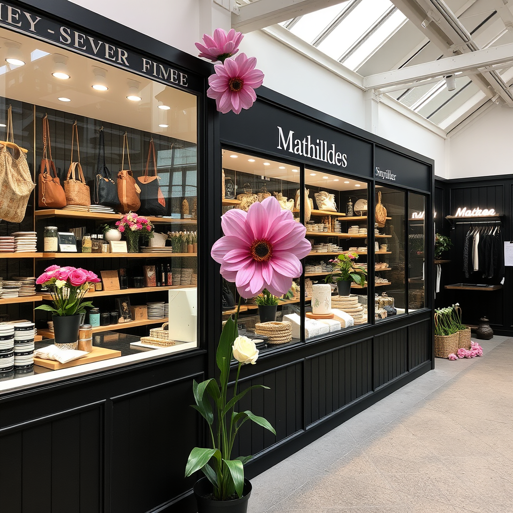 Main logo studio: Mathildes shop smykker + mere. One line flower in a cirkle its Pink Black and Gold White baggrund