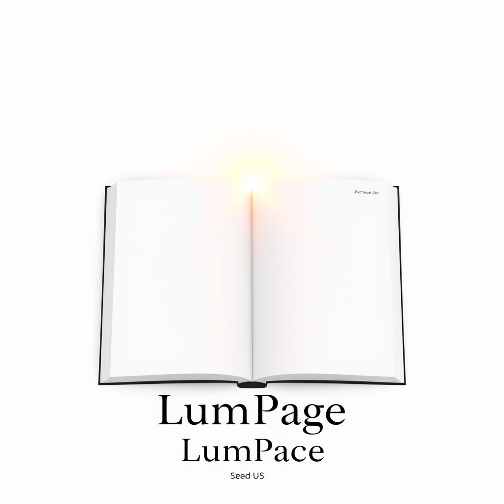 Main logo studio: Premium minimalist open book with warm light emerging from the center. Elegant LumaPage typography underneath. Modern US brand, clean and sophisticate
