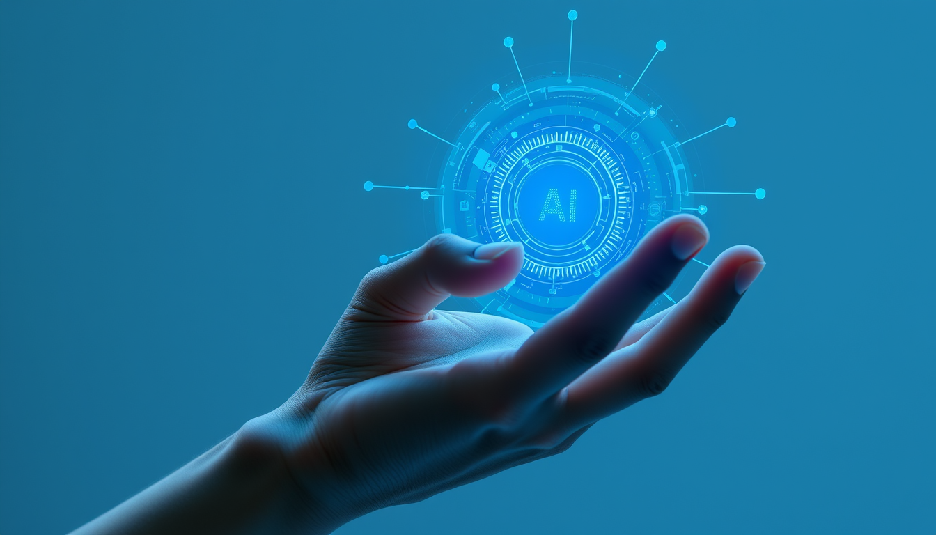Main logo studio: Human hand interacting with futuristic holographic AI interface, blue digital particles, realistic technology concept, clean background