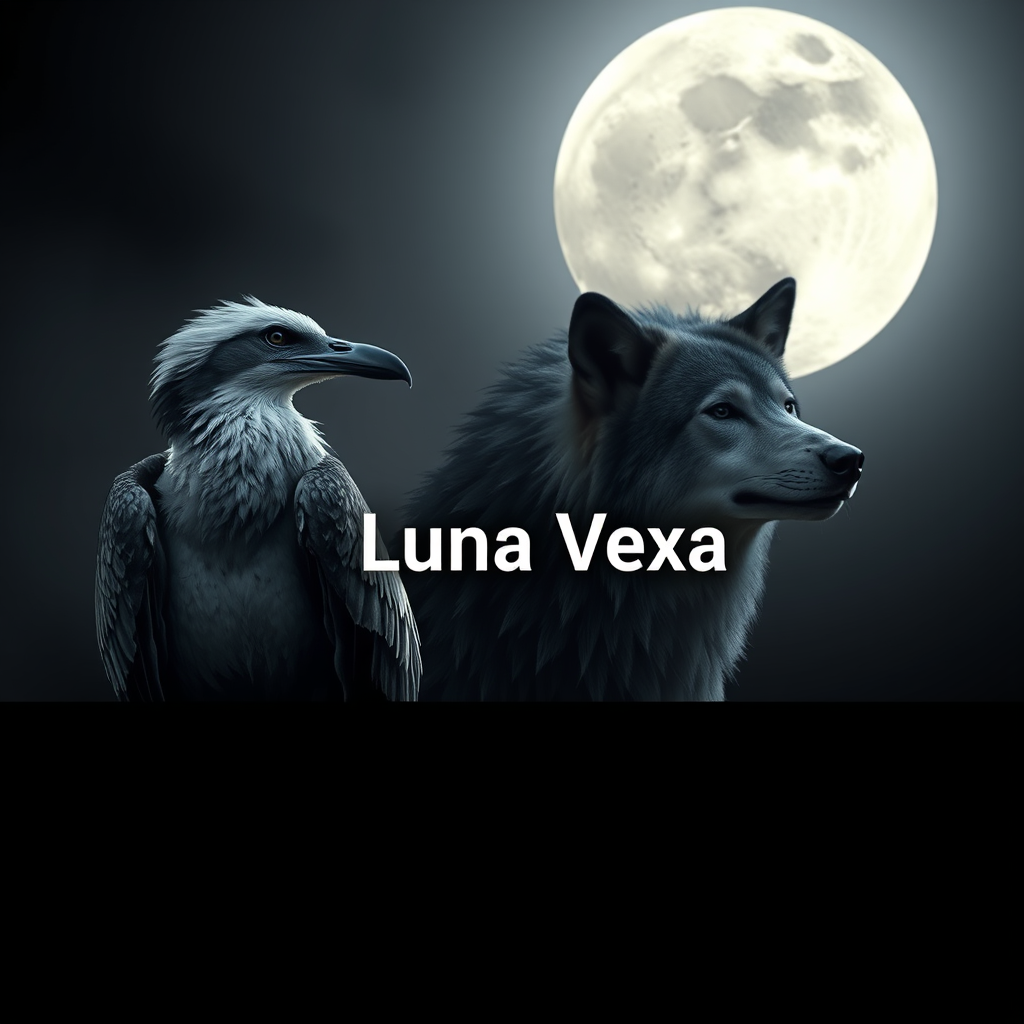Main logo studio: Wide horizontal YouTube banner, condor and grey wolf under a full moon, dark mystical style, “Luna Vexa” centered.