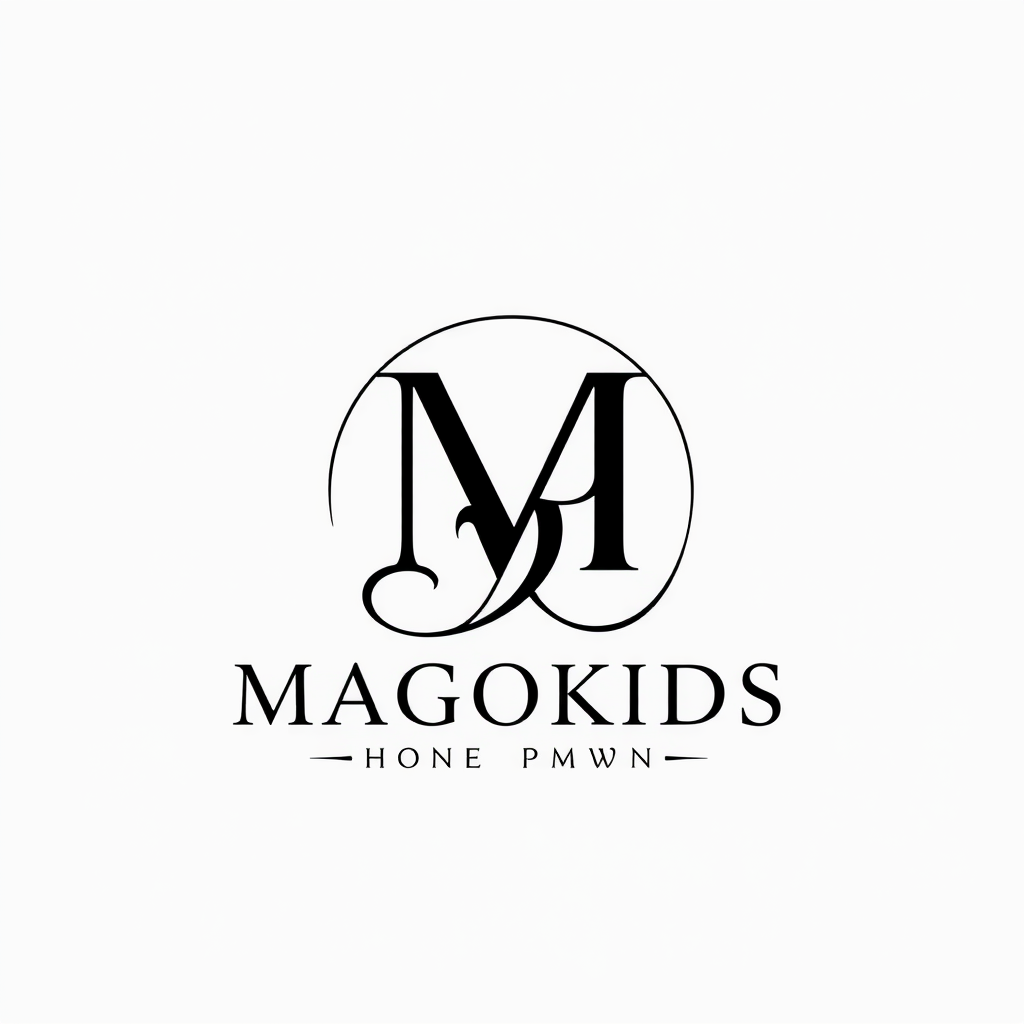 Monogram Logo idea: monogram logo combining the letters MAGOKIDS PHONE MKOPO , elegant intertwined letterforms, flat vector logo, centered, solid white background, high c