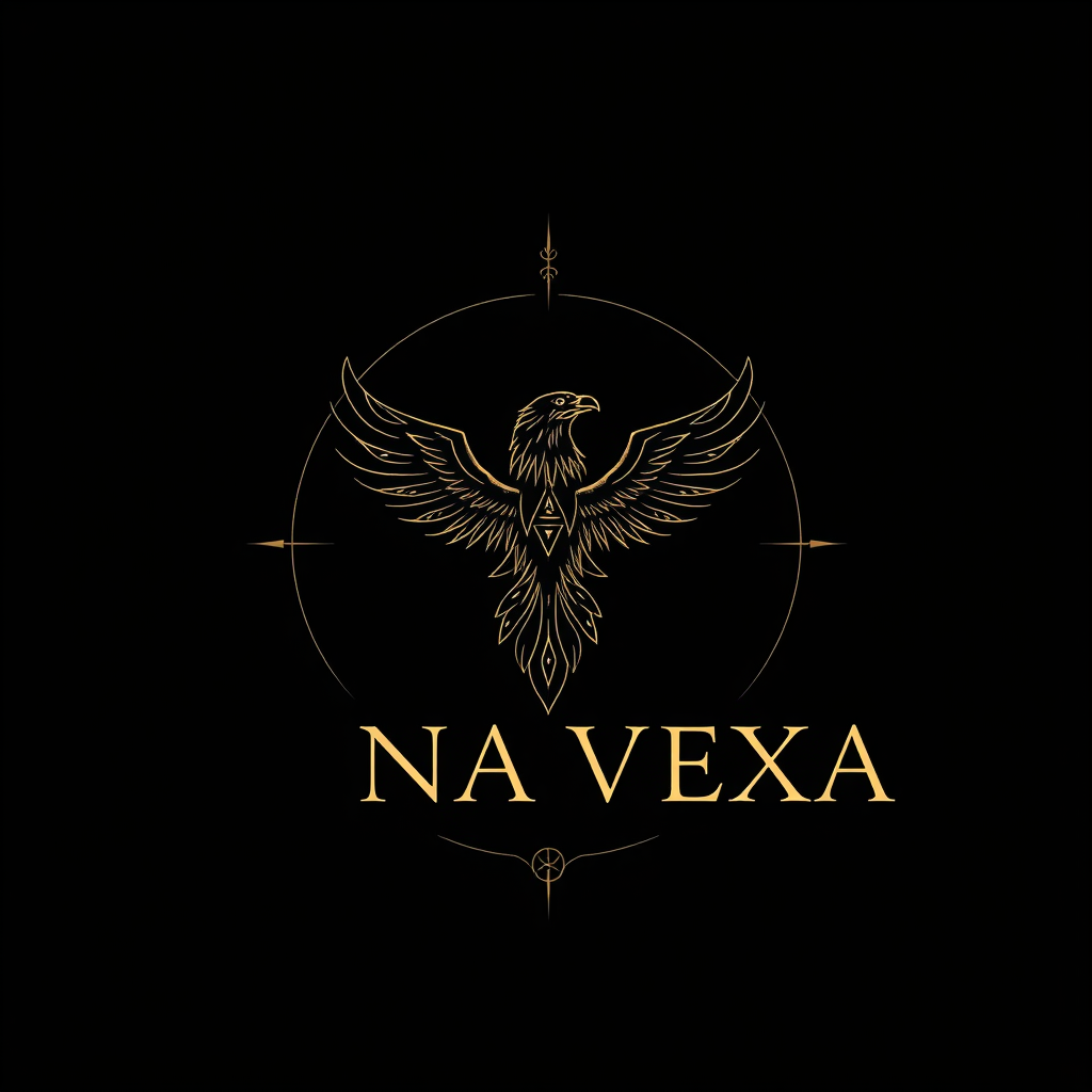 Main logo studio: Mystical and elegant logo with the name LYNA VEXA in a thin, refined font. In the center, a wolf and a condor drawn with delicate fine lines, symmetri