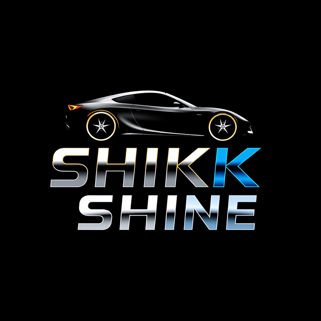 Main logo studio: SHIK SHINE — premium square logo, SHIK formed from a sleek car silhouette, SHINE formed from a professional orbital polisher silhouette, the letters t