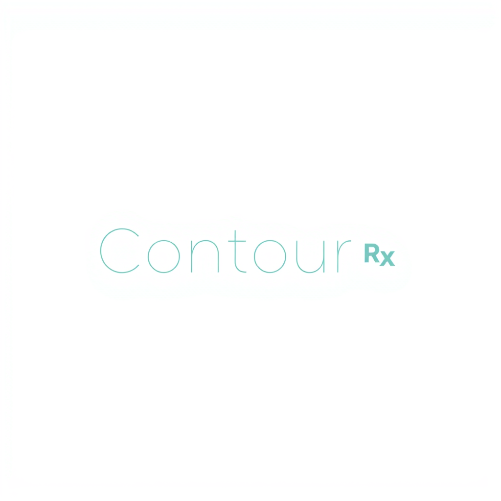 Main logo studio: Contour Rx wordmark logo, sleek and clinical style, thin minimal sans-serif font for the word Contour, with Rx set smaller, either superscript style o
